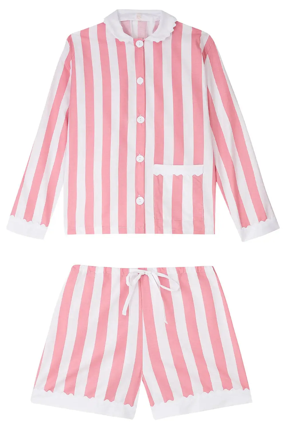 100% Cotton Poplin Pink  & White Stripe Short Pyjamas With Side Pocket, White Collar and Cuffs Ric Rac Trim