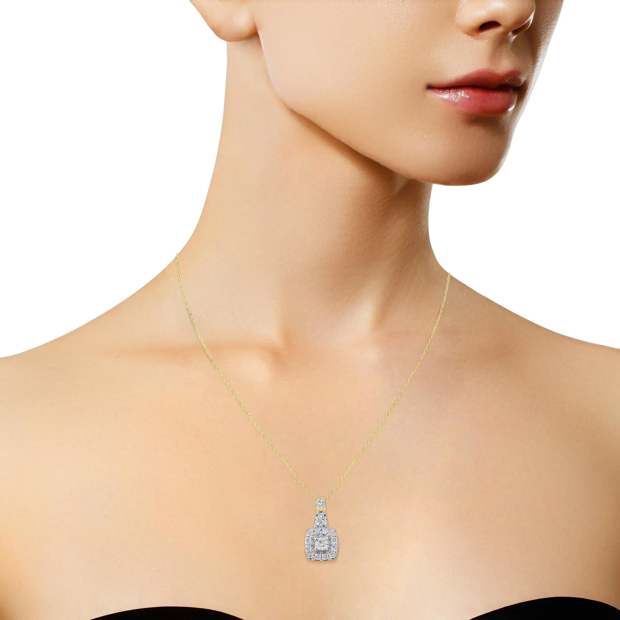 10K Yellow Gold Plated .925 Sterling Silver 1/4 Cttw Diamond Square Pendant Necklace (J-K Color, I1-I2 Clarity) - 18"