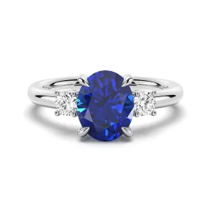 2.0 CT. Oval Blue Sapphire and White Sapphire Three Stone Ring