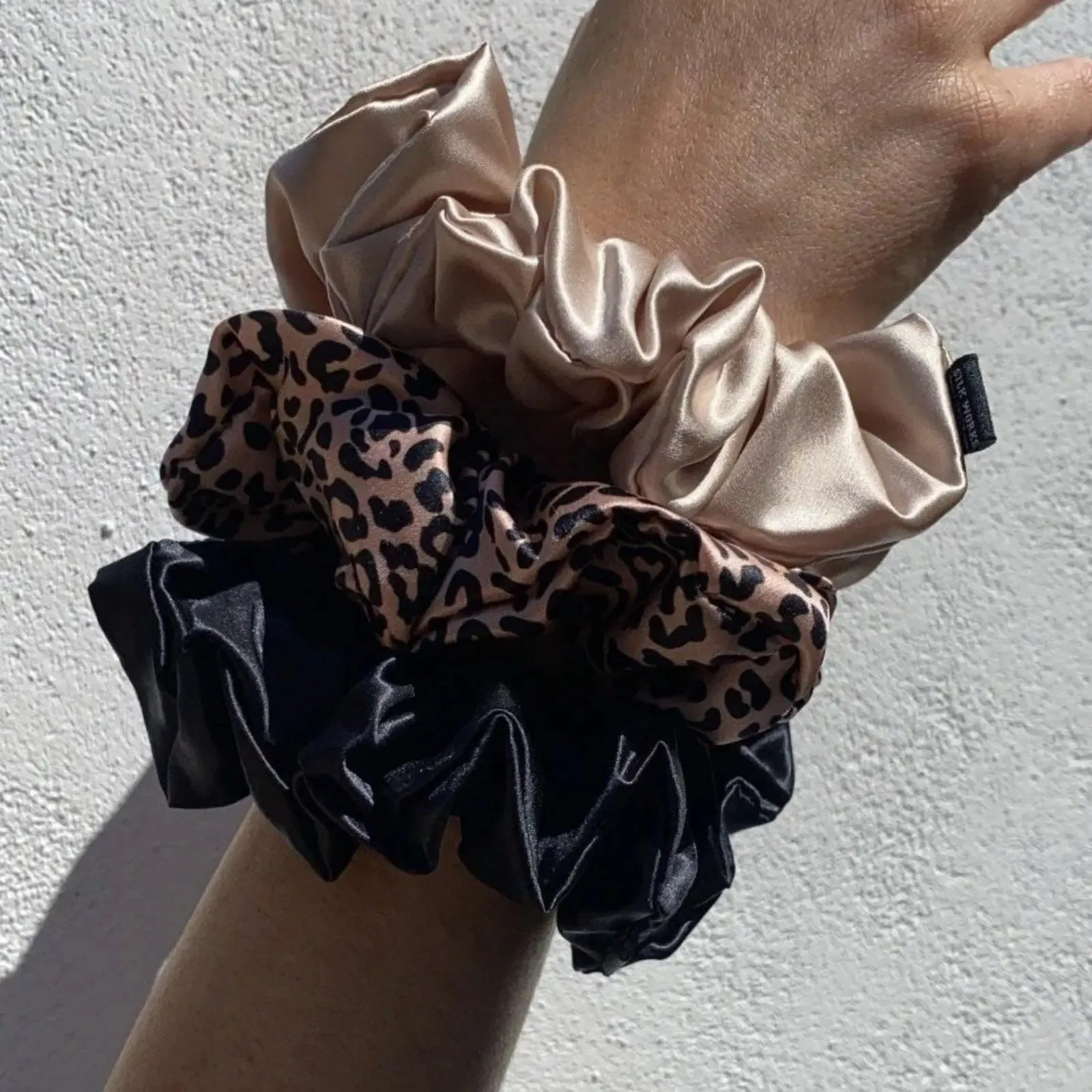 3 Large Silk Scrunchies - Rose Gold Leopard Mixed Set