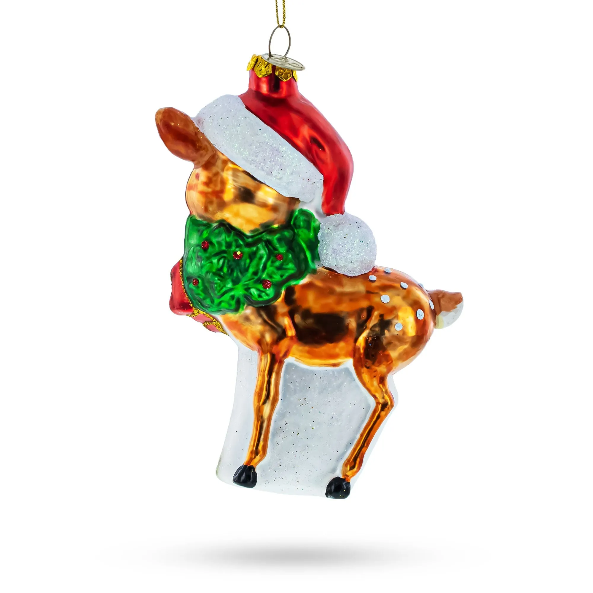 Adorable Deer Fawn In Santa Hat - Blown Glass Christmas Ornament