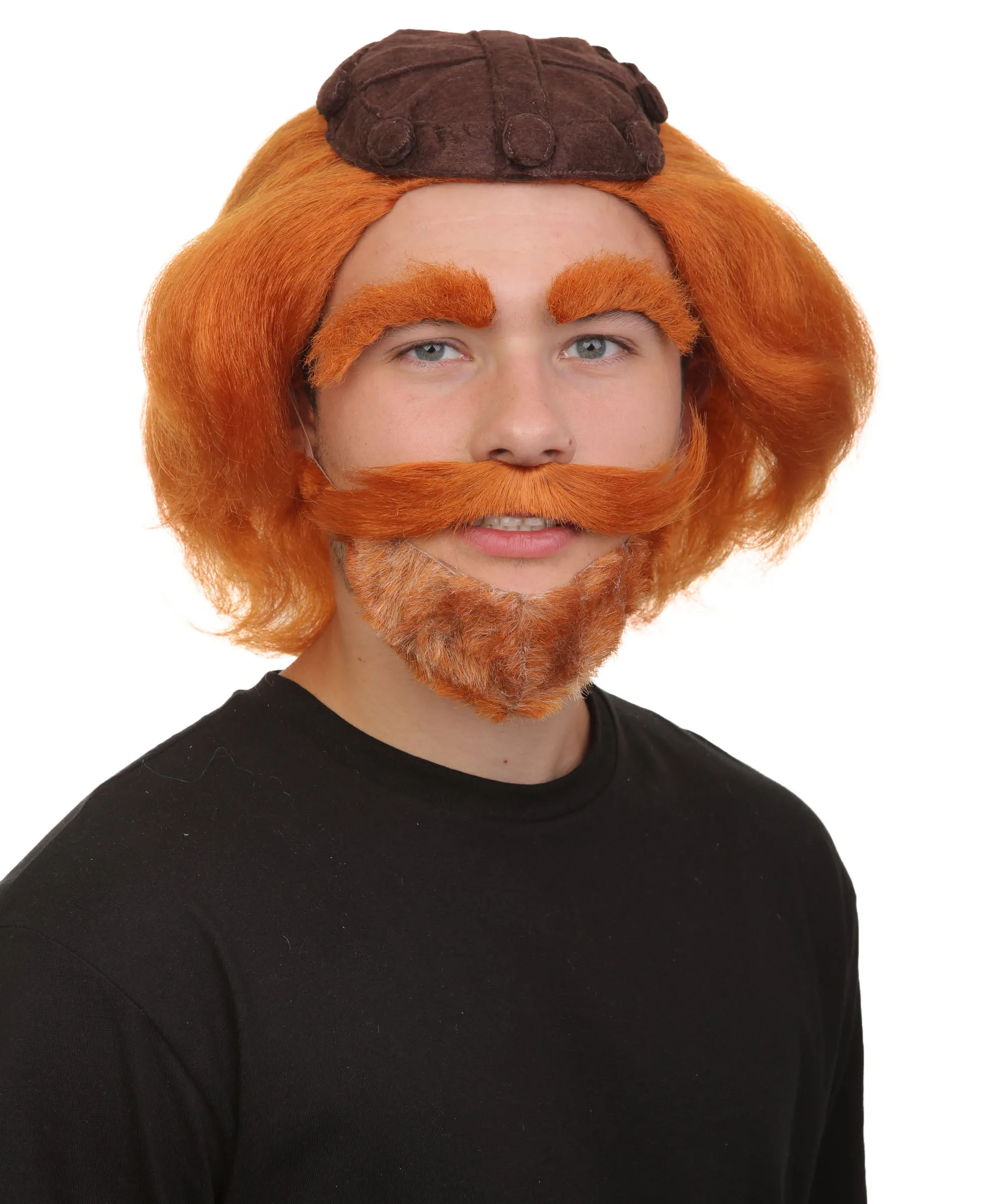 Adult Men’s Fictional Scottish Bear King Curly Red Wig with Beard and Mustache | Perfect for Halloween | Flame-retardant Synthetic Fiber