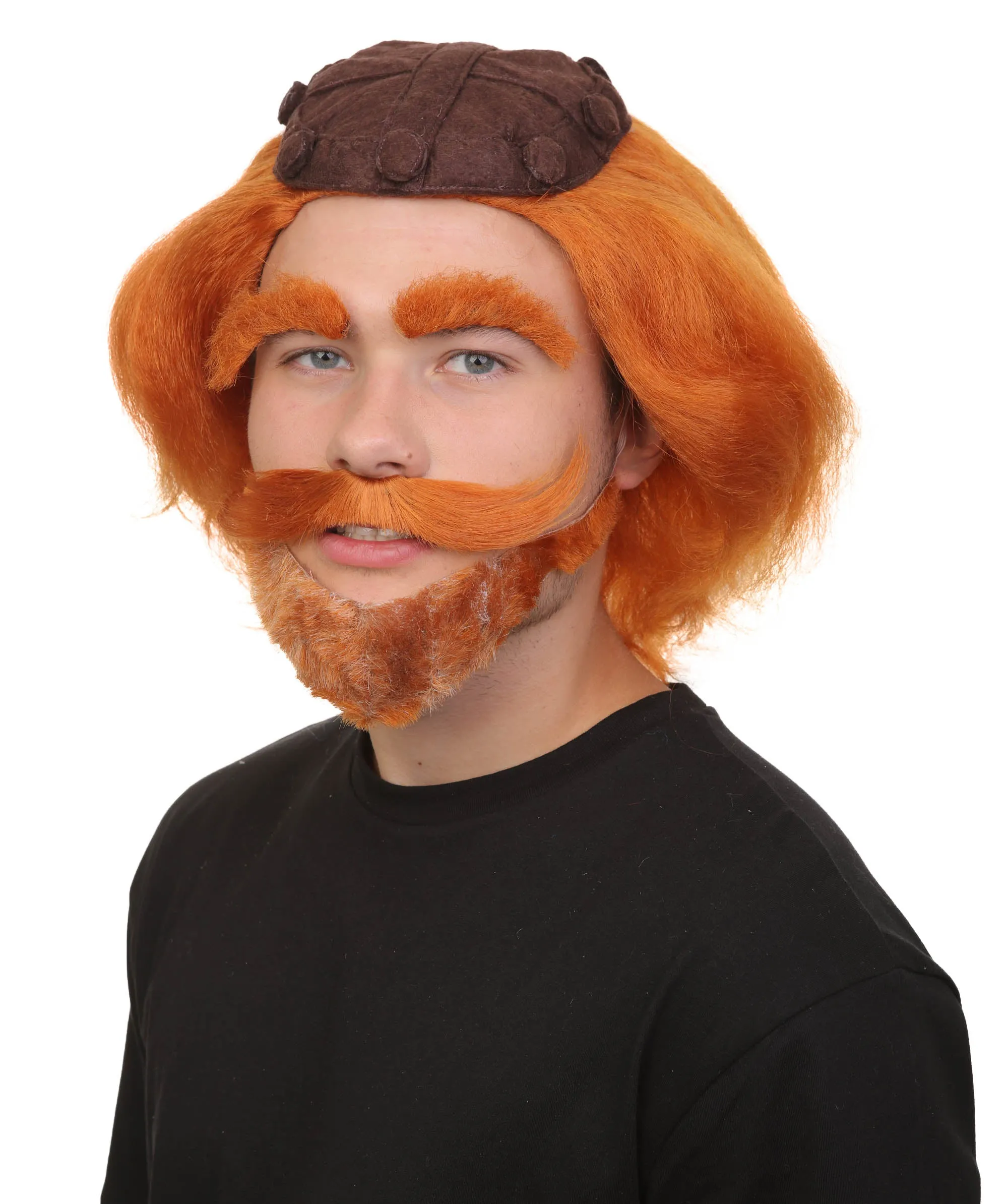 Adult Men’s Fictional Scottish Bear King Curly Red Wig with Beard and Mustache | Perfect for Halloween | Flame-retardant Synthetic Fiber