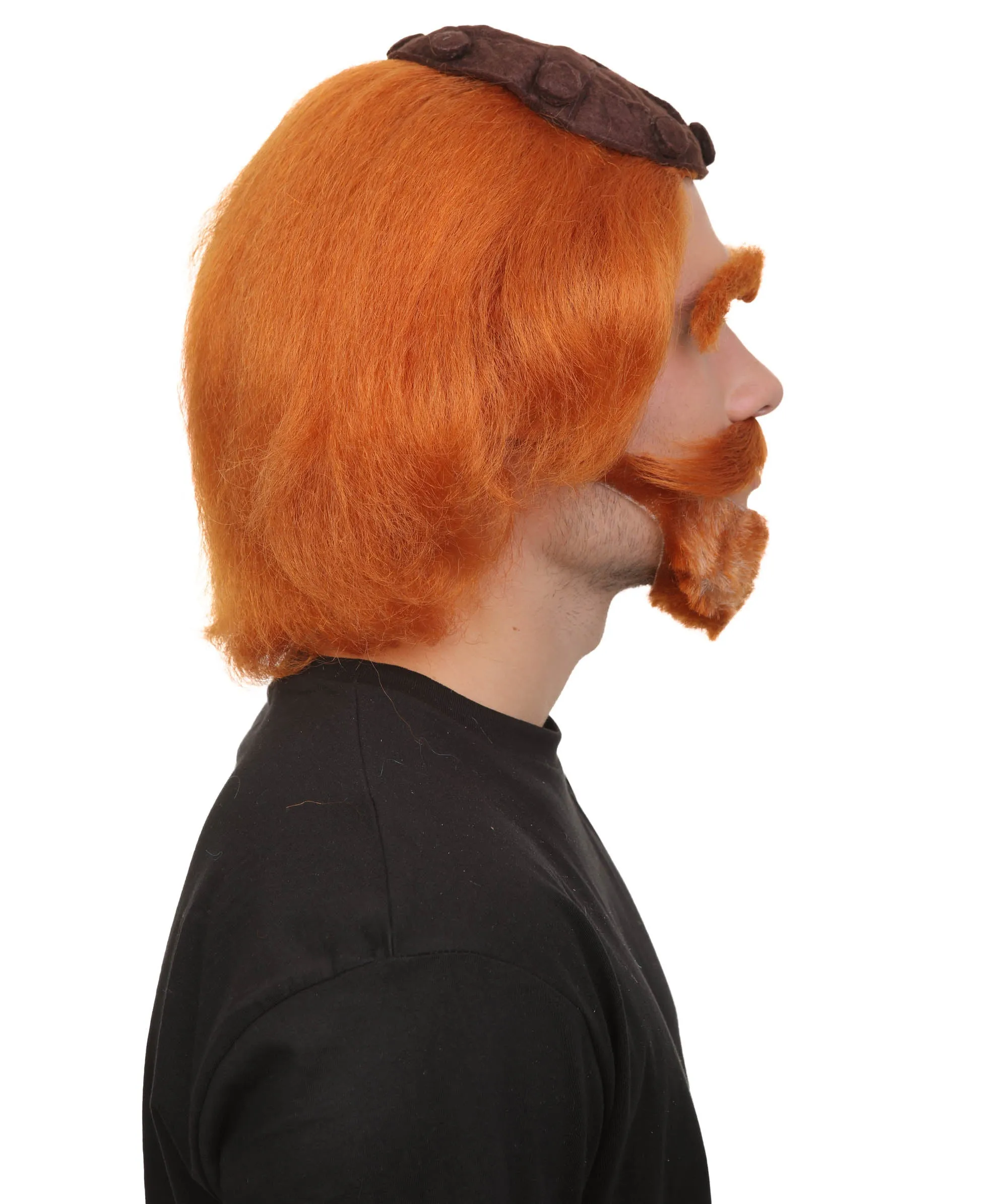 Adult Men’s Fictional Scottish Bear King Curly Red Wig with Beard and Mustache | Perfect for Halloween | Flame-retardant Synthetic Fiber