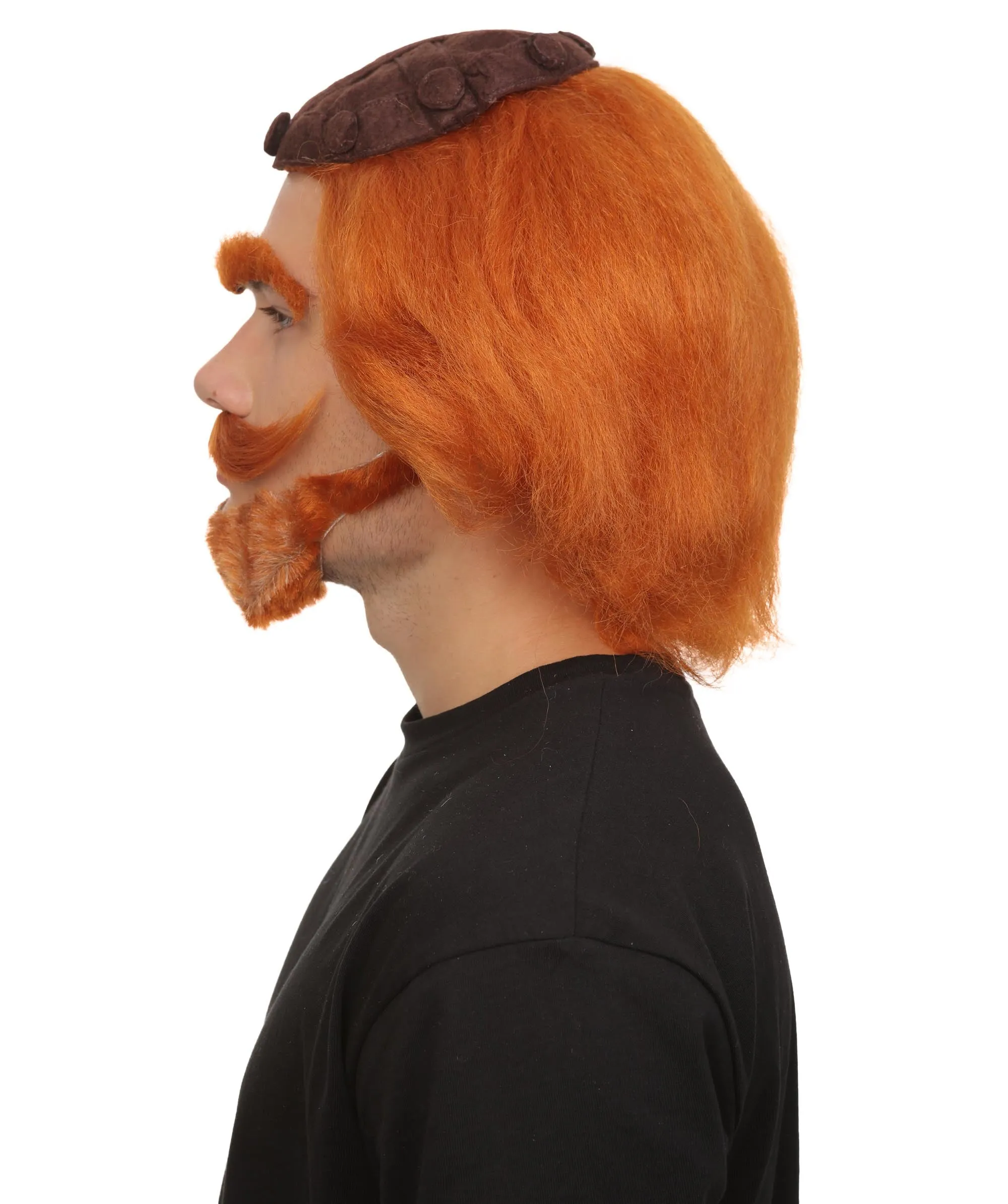 Adult Men’s Fictional Scottish Bear King Curly Red Wig with Beard and Mustache | Perfect for Halloween | Flame-retardant Synthetic Fiber