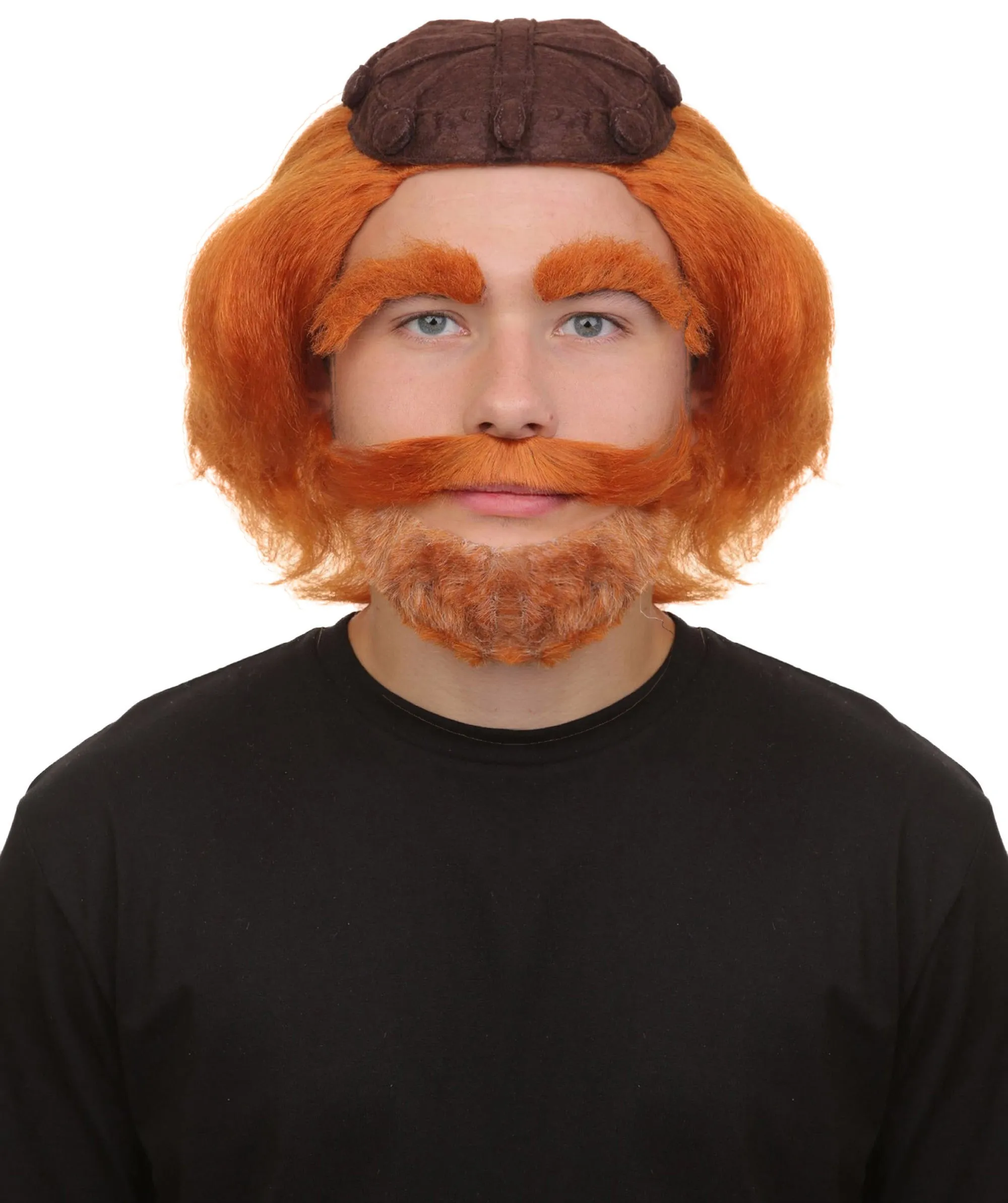 Adult Men’s Fictional Scottish Bear King Curly Red Wig with Beard and Mustache | Perfect for Halloween | Flame-retardant Synthetic Fiber