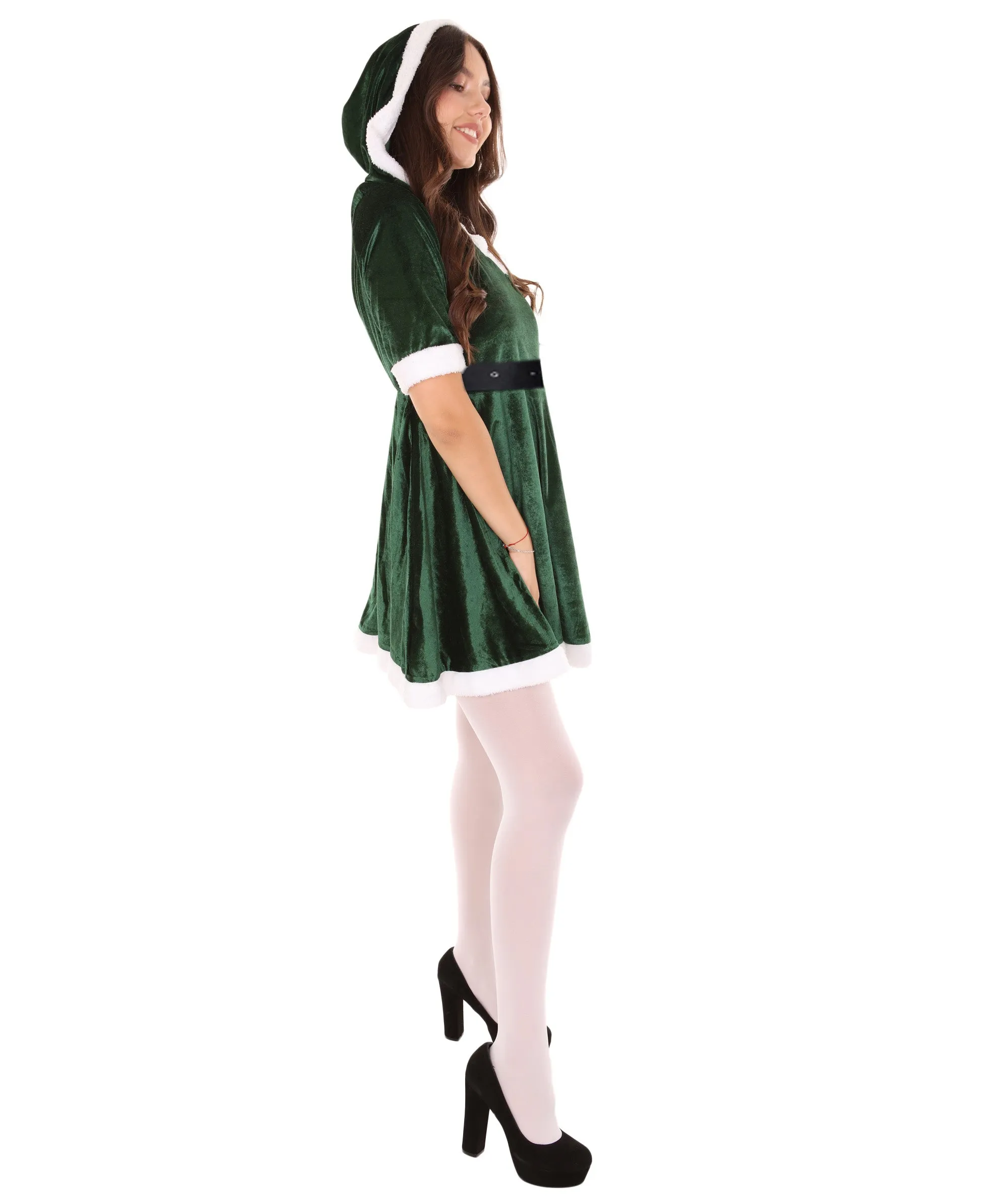 Adult Women's Mrs Santa Claus Hooded Dress with Belt Costume | Green Halloween