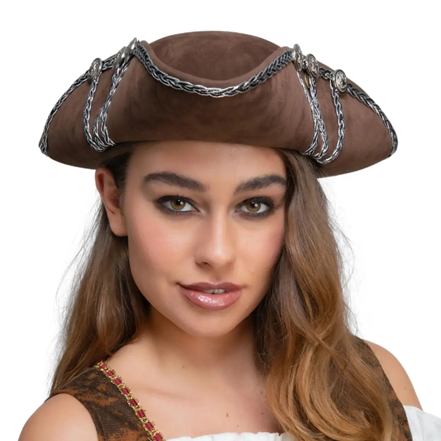 Adults Deluxe Brown Pirate Hat with Silver Trim Enhanced Fit