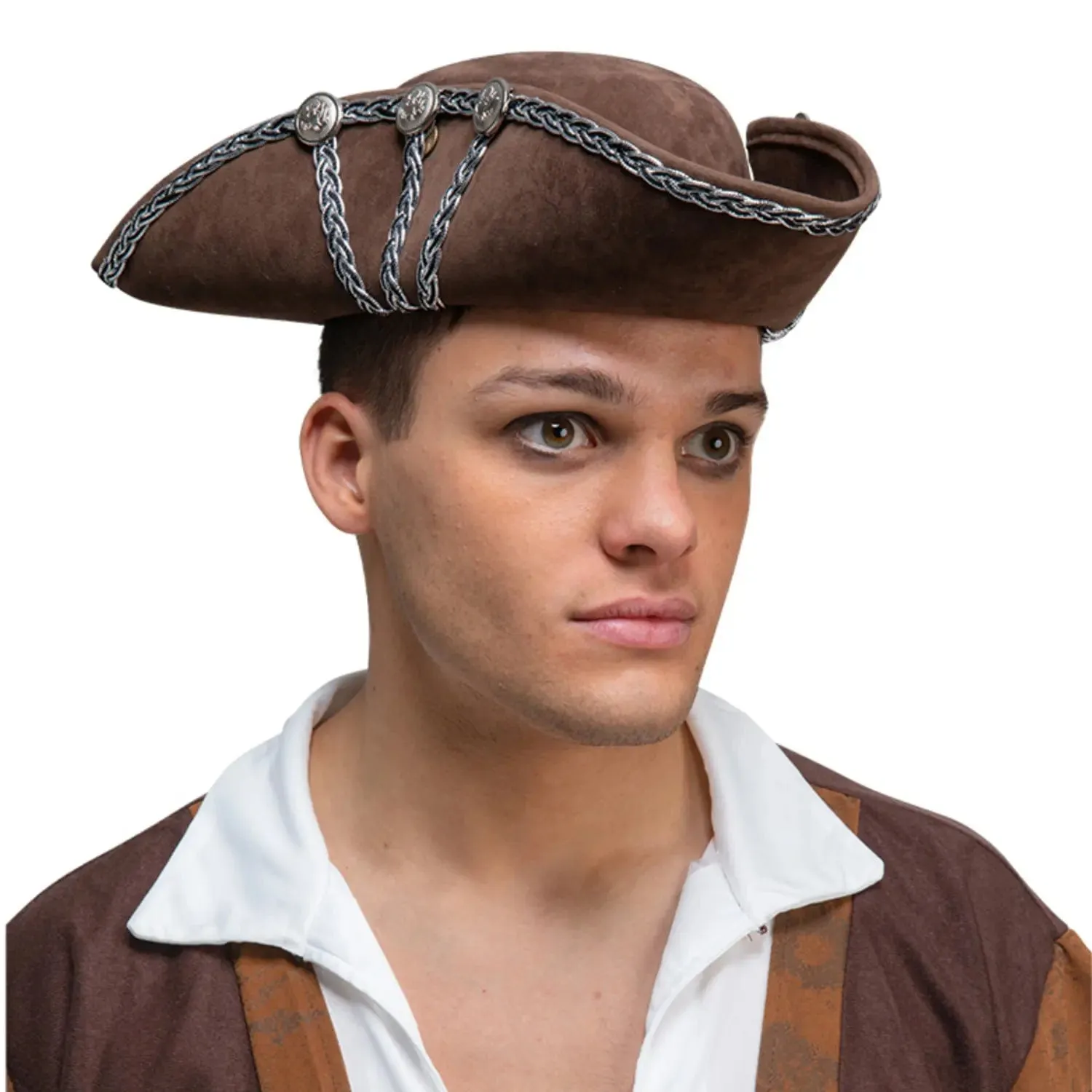 Adults Deluxe Brown Pirate Hat with Silver Trim Enhanced Fit