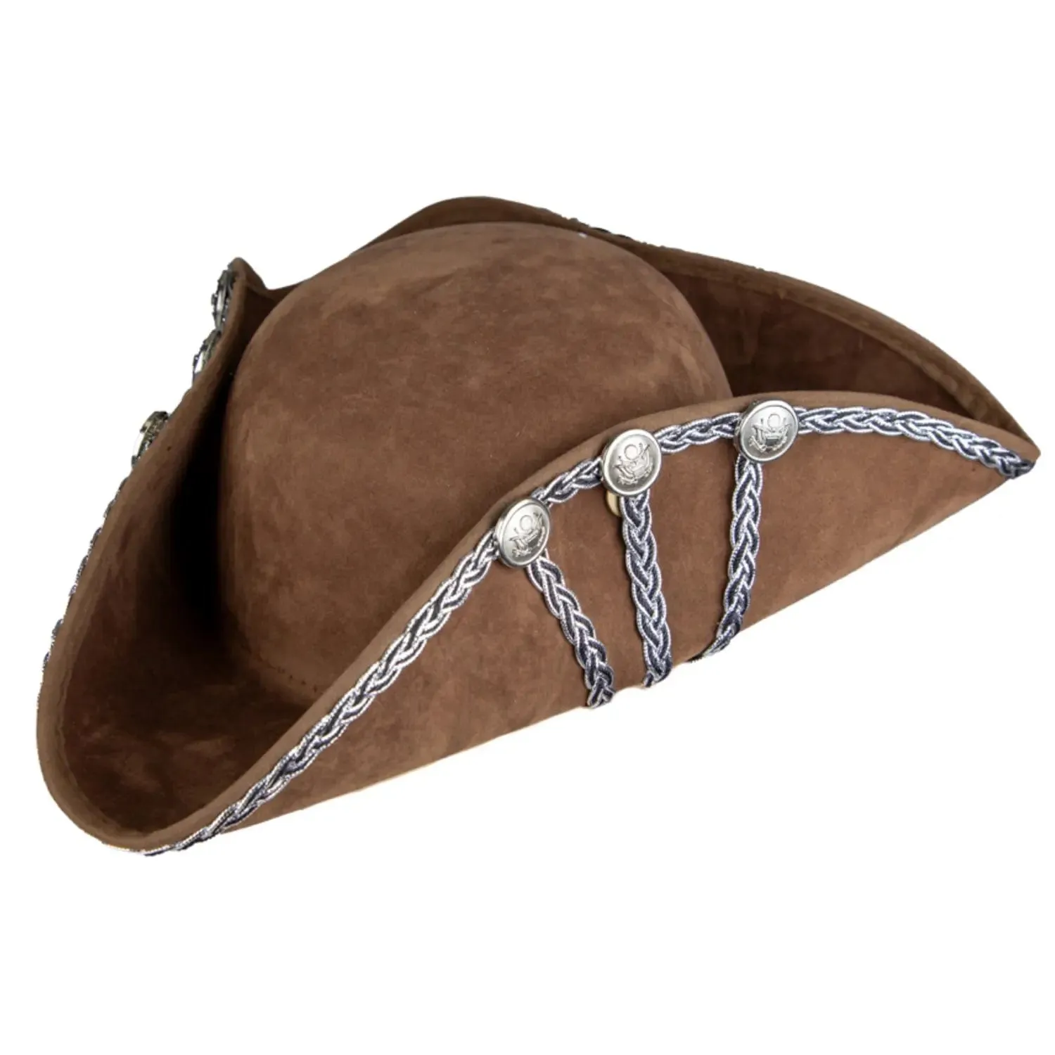 Adults Deluxe Brown Pirate Hat with Silver Trim Enhanced Fit