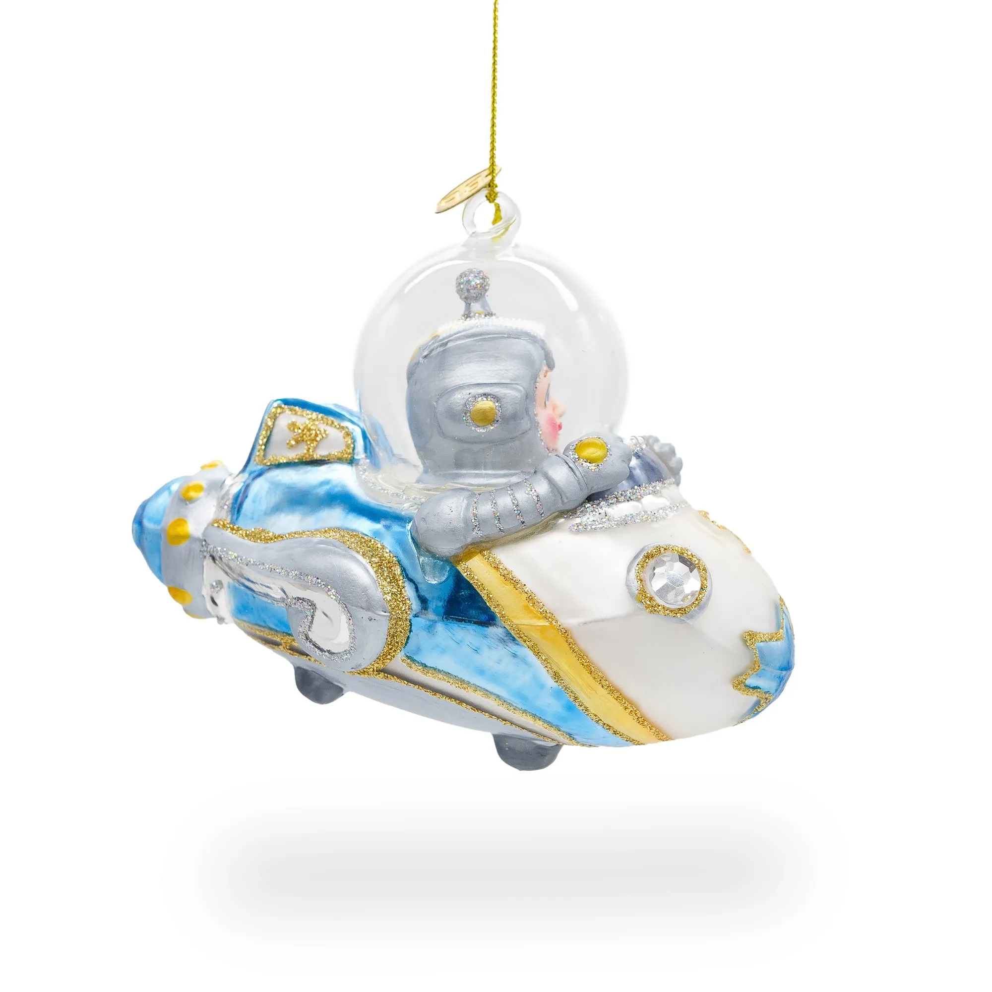 Adventurous Astronaut Driving Spaceship - Blown Glass Christmas Ornament