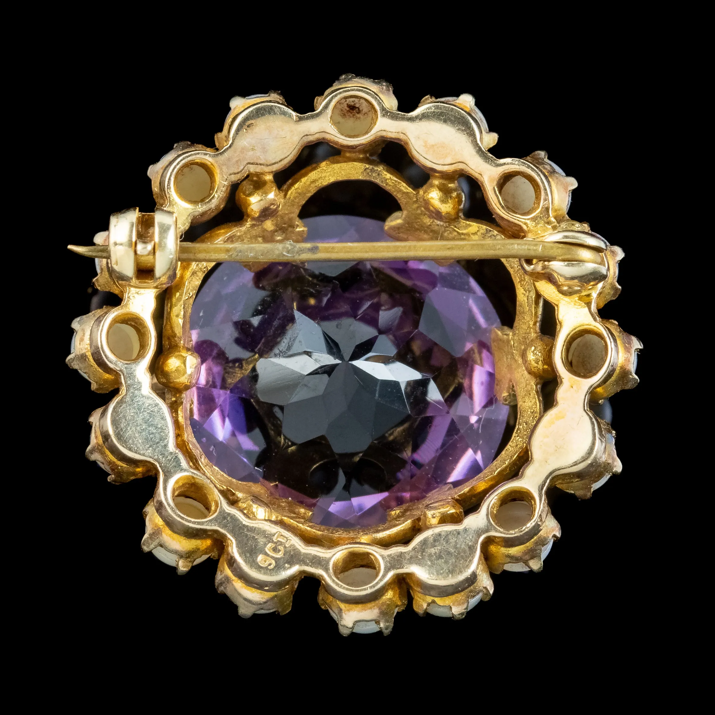 Antique Edwardian Amethyst Pearl Brooch 9ct Gold 20ct Amethyst