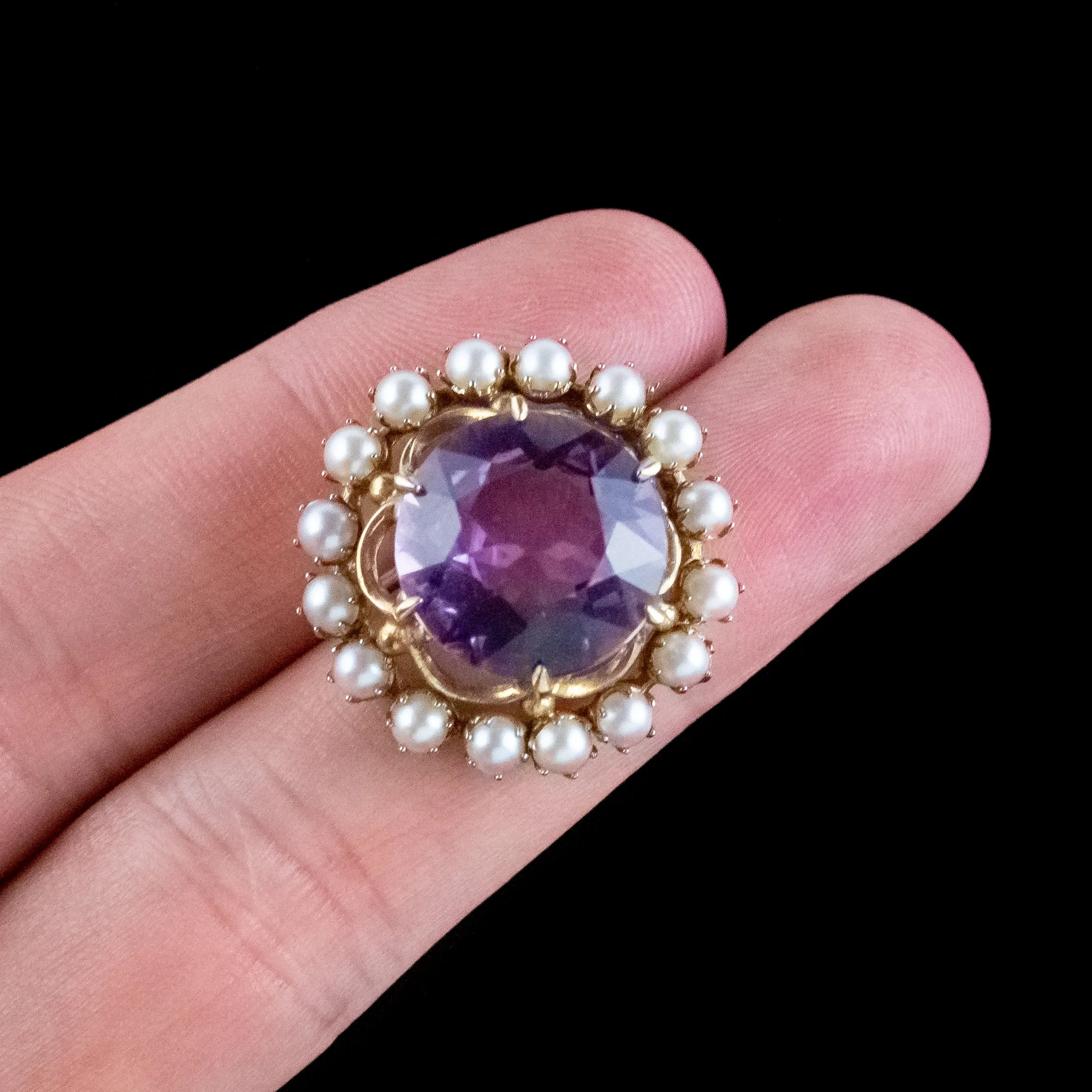 Antique Edwardian Amethyst Pearl Brooch 9ct Gold 20ct Amethyst