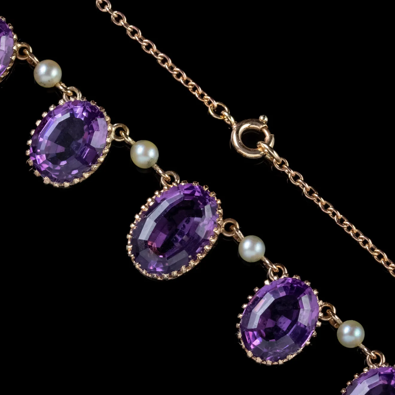 Antique Victorian Amethyst Pearl Garland Necklace 9Ct Gold Circa 1900