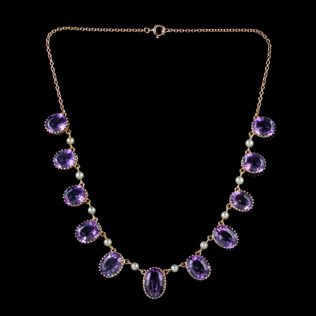 Antique Victorian Amethyst Pearl Garland Necklace 9Ct Gold Circa 1900