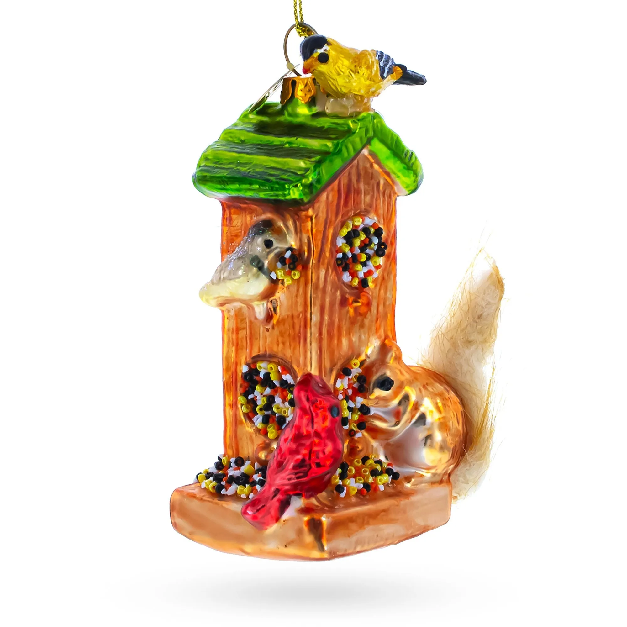 Birds And Squirrel At Birdfeeder - Blown Glass Christmas Ornament