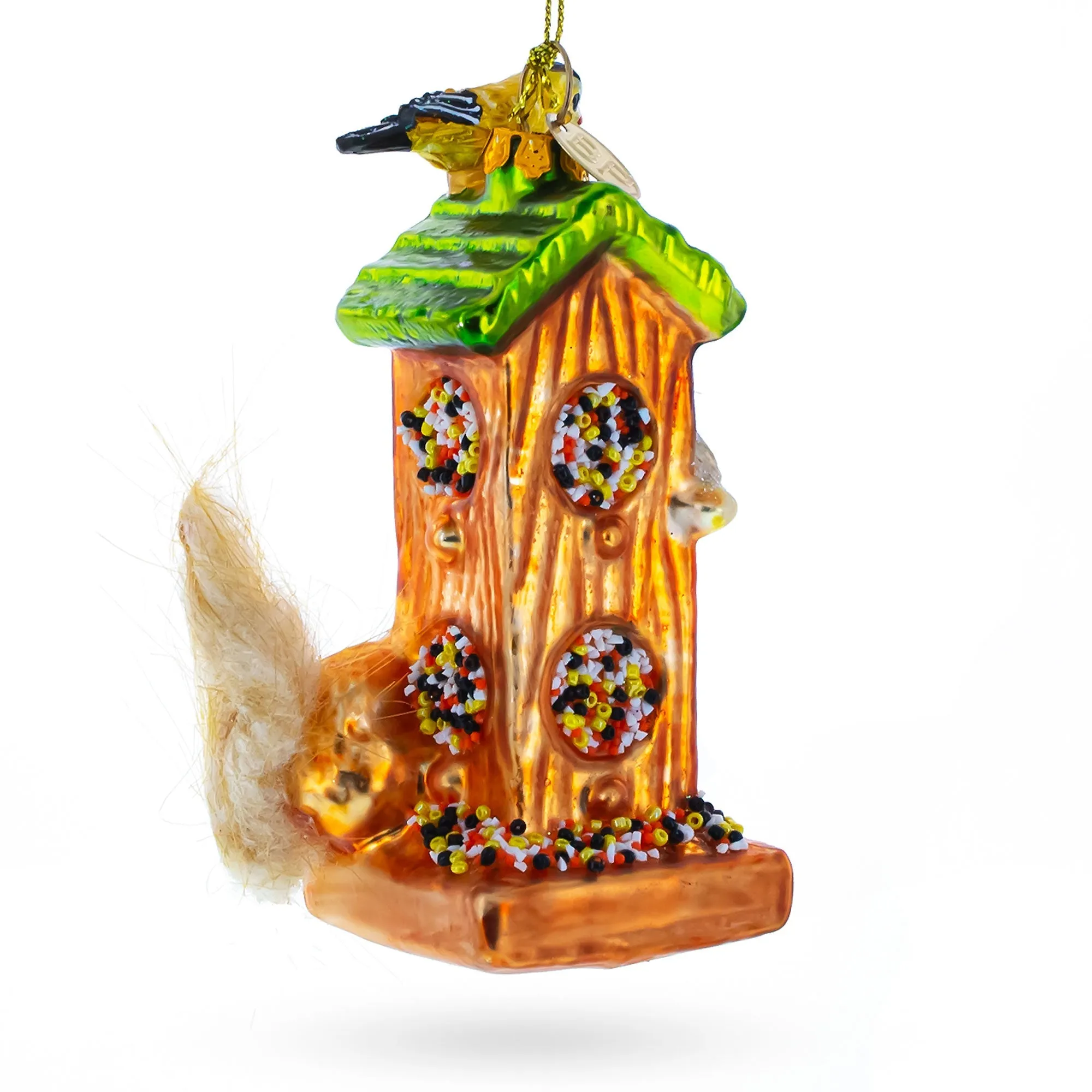 Birds And Squirrel At Birdfeeder - Blown Glass Christmas Ornament