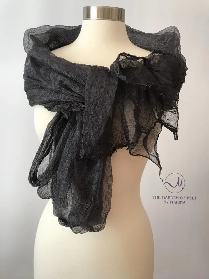 Black Dyed Margilan  Rarefied silk for Nuno Felting.