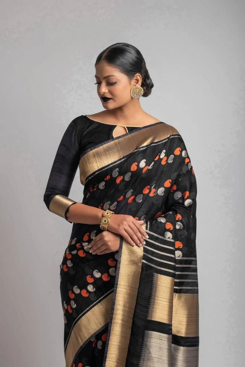 Black Paisley Kadampalli Tussar Silk  Saree