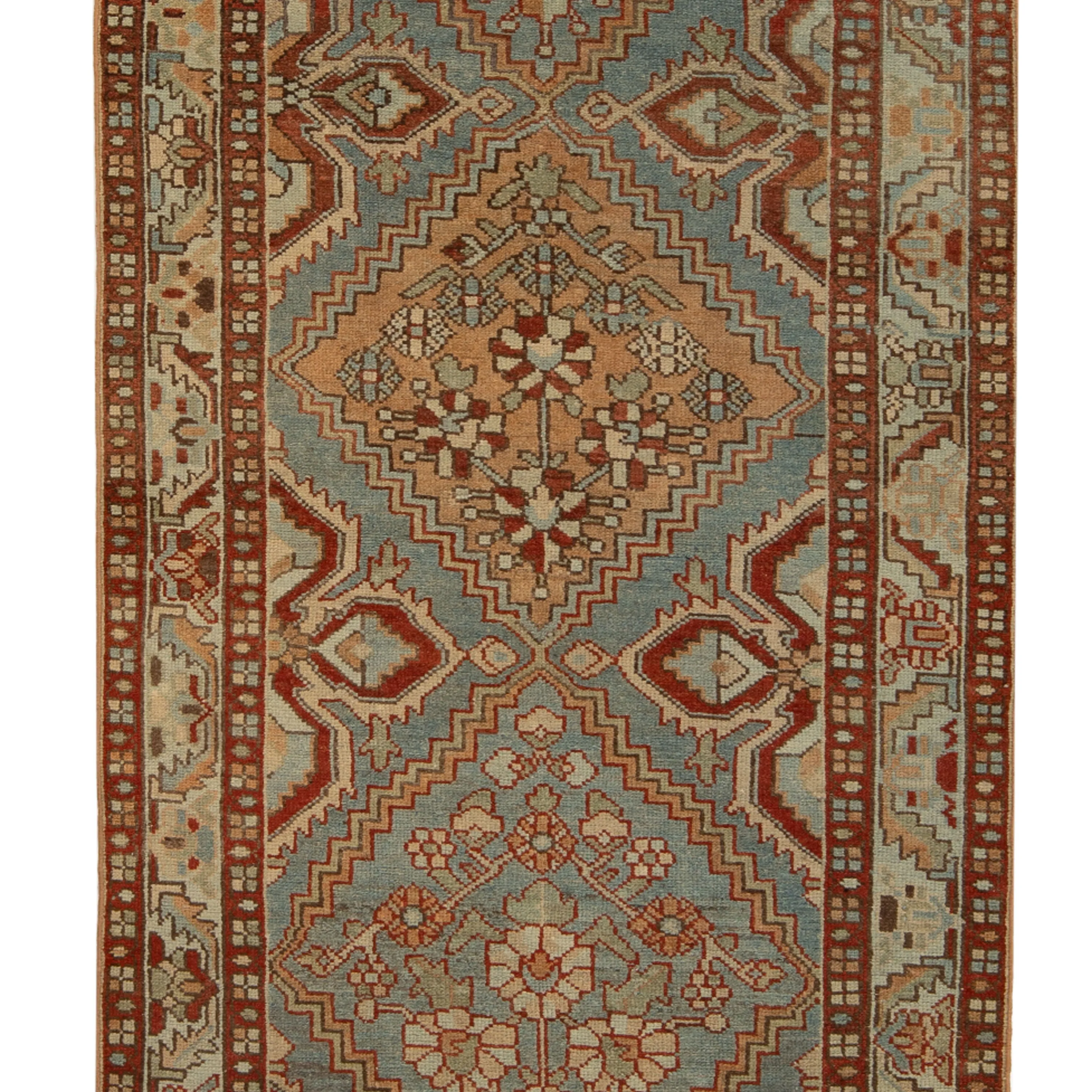 Blue and Red Vintage Traditional Baktiar Wool Runner - 3'7" x 15'9"