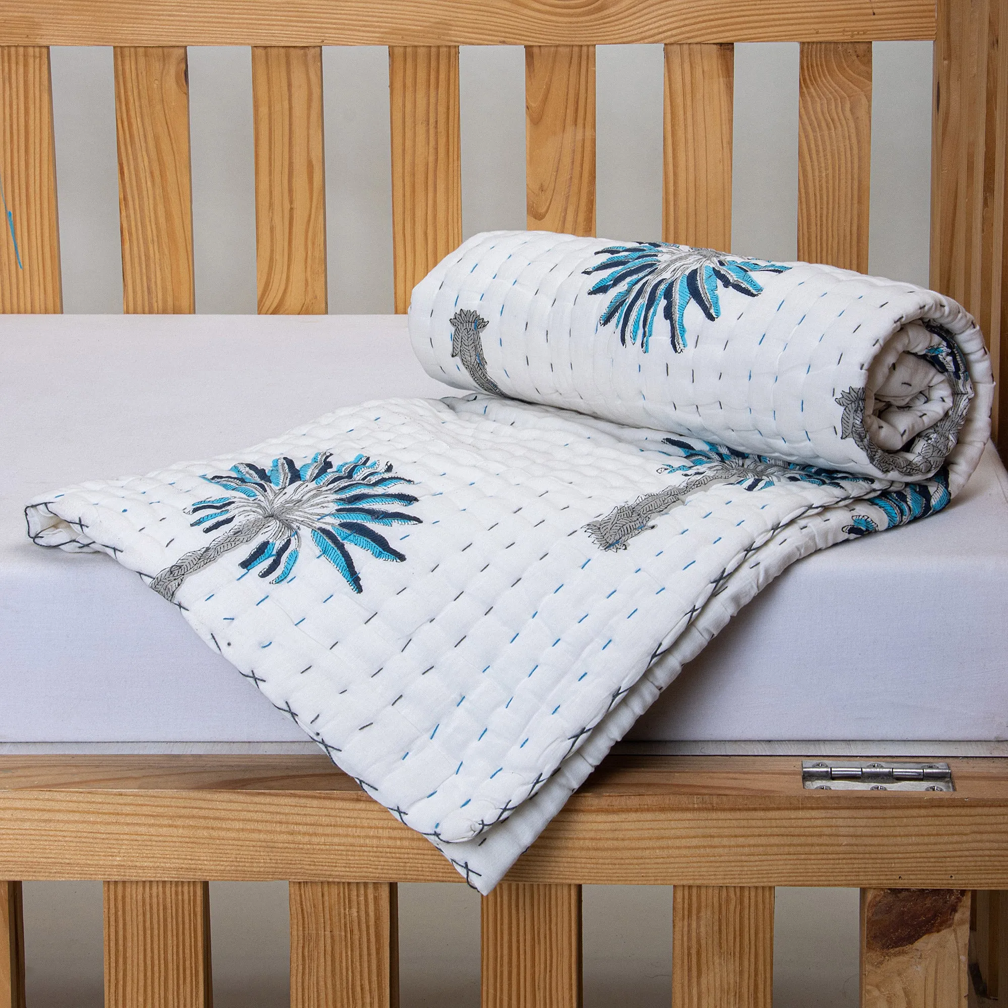 Blue Palm Tree Mulmul Cotton Baby Boy & Girl Blankets