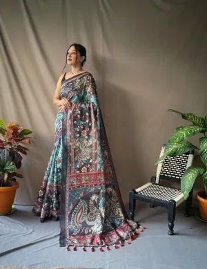 Blue Saree in Cotton Kalamkari Printed