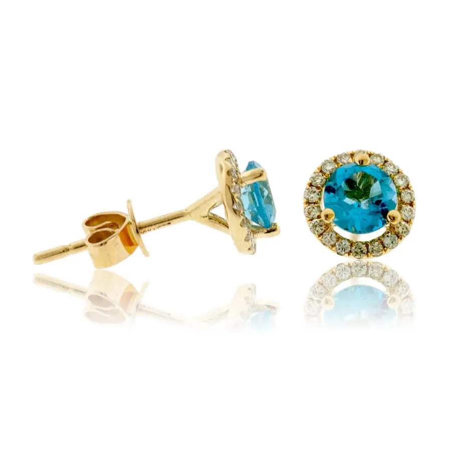 Blue Topaz with Diamond Halo Stud Earrings