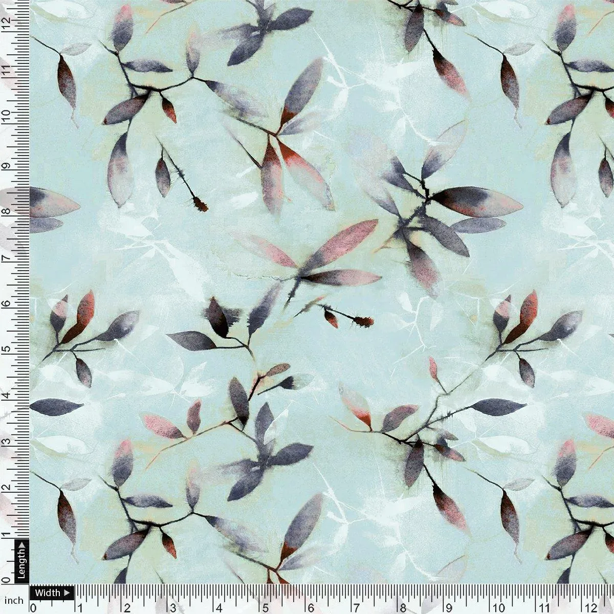Bluish Thin And Light Leaves Digital Printed Fabric