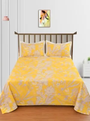 BROMWICK Heavy Cotton King Size Bedsheet for Double Bed with Emroidered Pillow Covers|Yellow Leaves