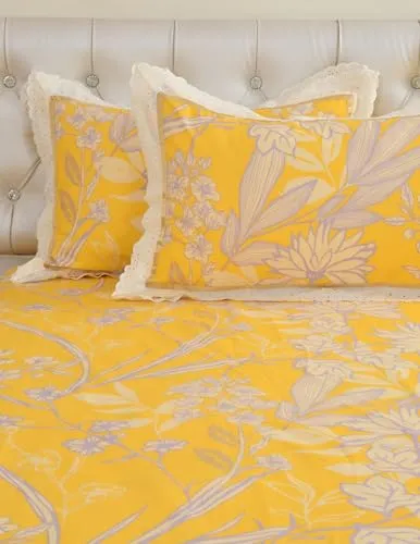 BROMWICK Heavy Cotton King Size Bedsheet for Double Bed with Emroidered Pillow Covers|Yellow Leaves