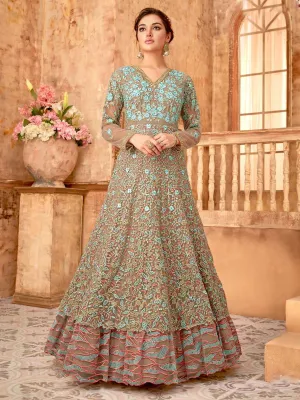 Brown And Blue Ethnic Style Layered Anarkali Suit