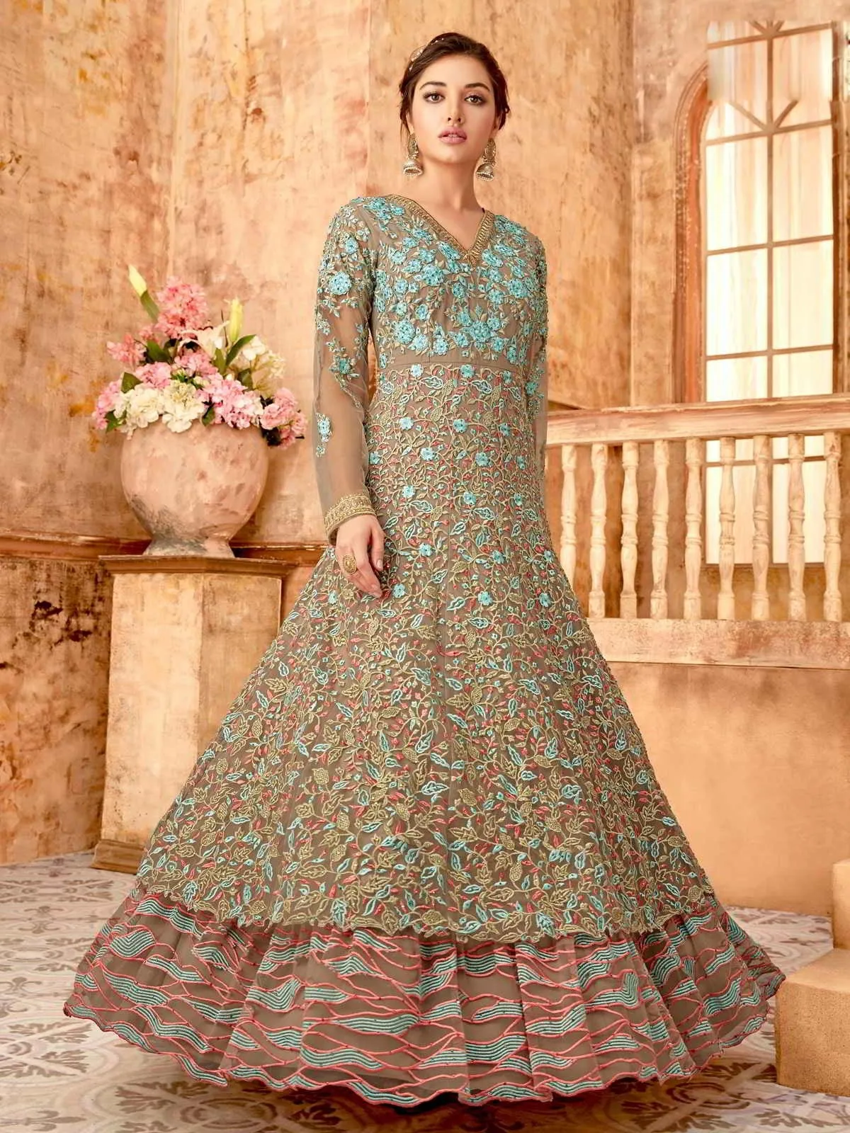 Brown And Blue Ethnic Style Layered Anarkali Suit