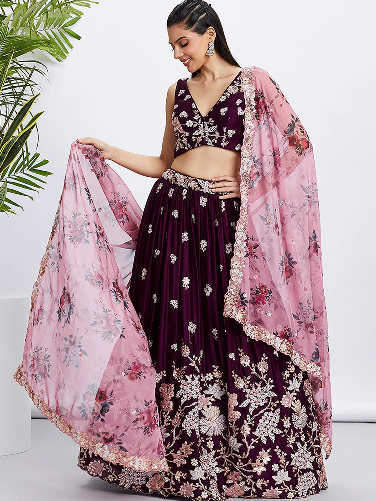 Burgundy Pure Georgette Sequins and thread embroidery Semi-Stitched Lehenga choli and Dupatta