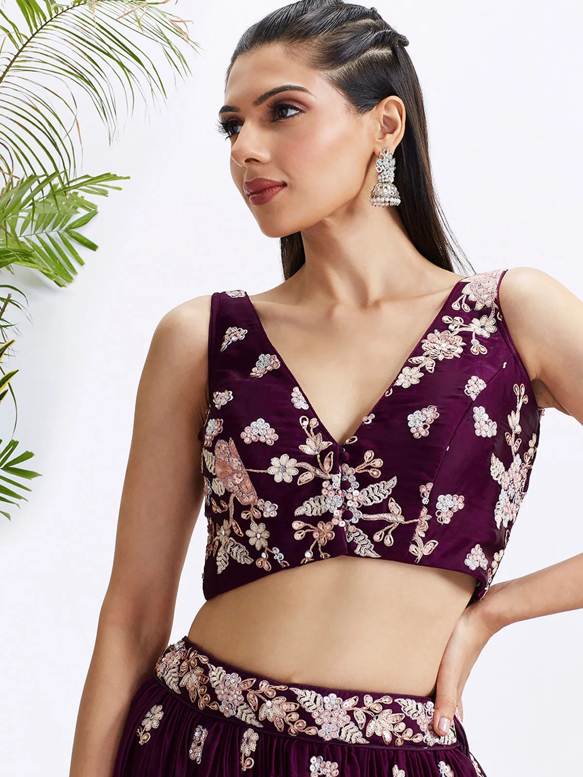 Burgundy Pure Georgette Sequins and thread embroidery Semi-Stitched Lehenga choli and Dupatta