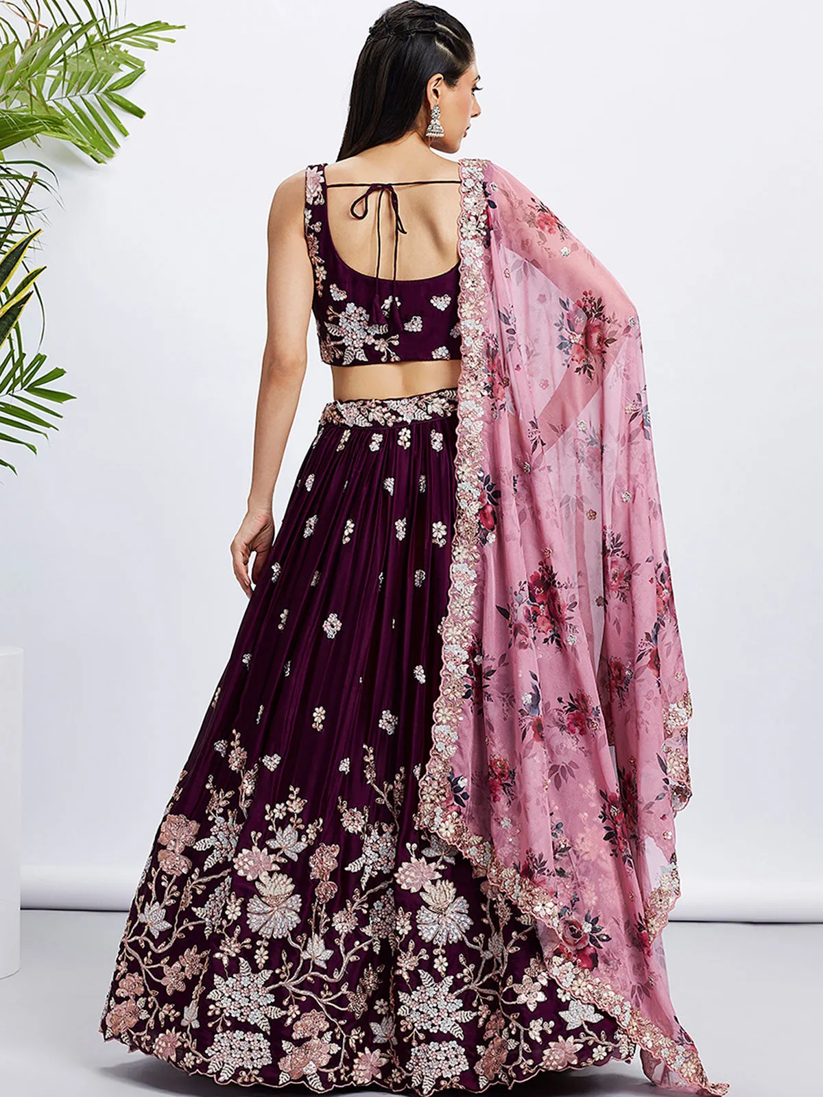 Burgundy Pure Georgette Sequins and thread embroidery Semi-Stitched Lehenga choli and Dupatta