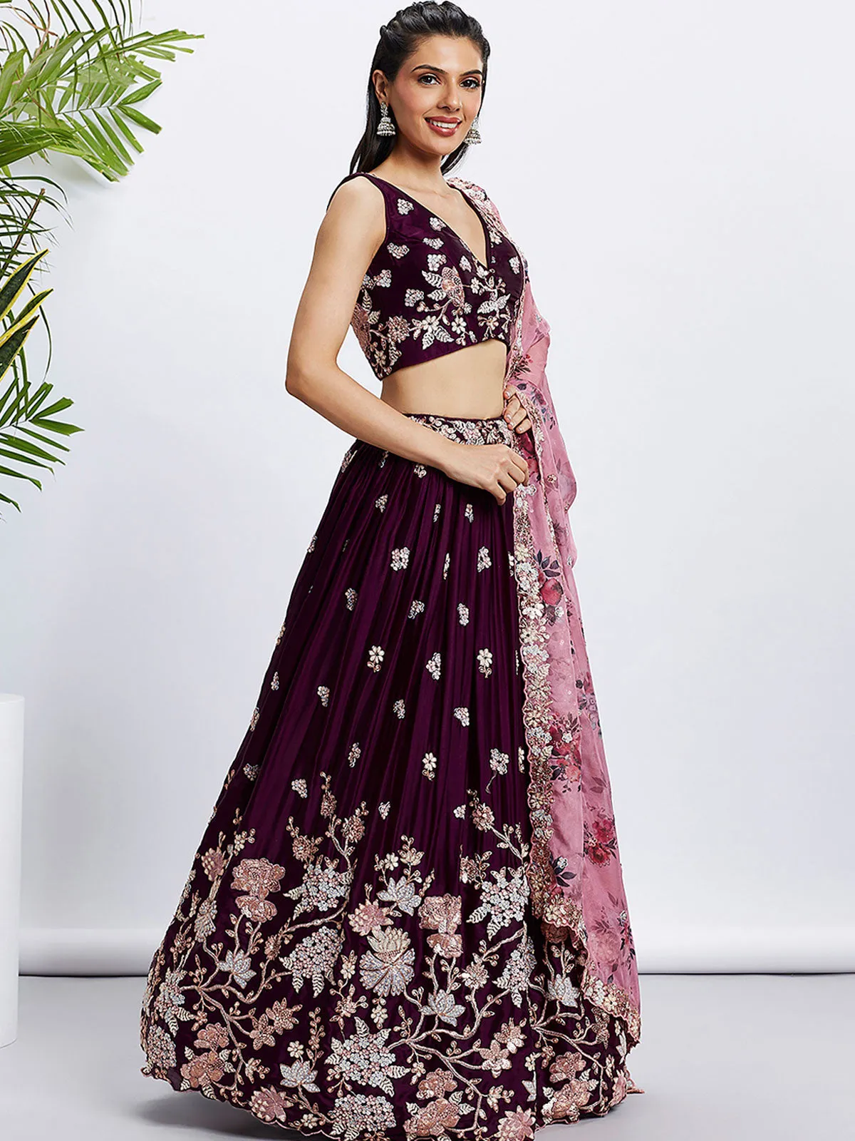 Burgundy Pure Georgette Sequins and thread embroidery Semi-Stitched Lehenga choli and Dupatta