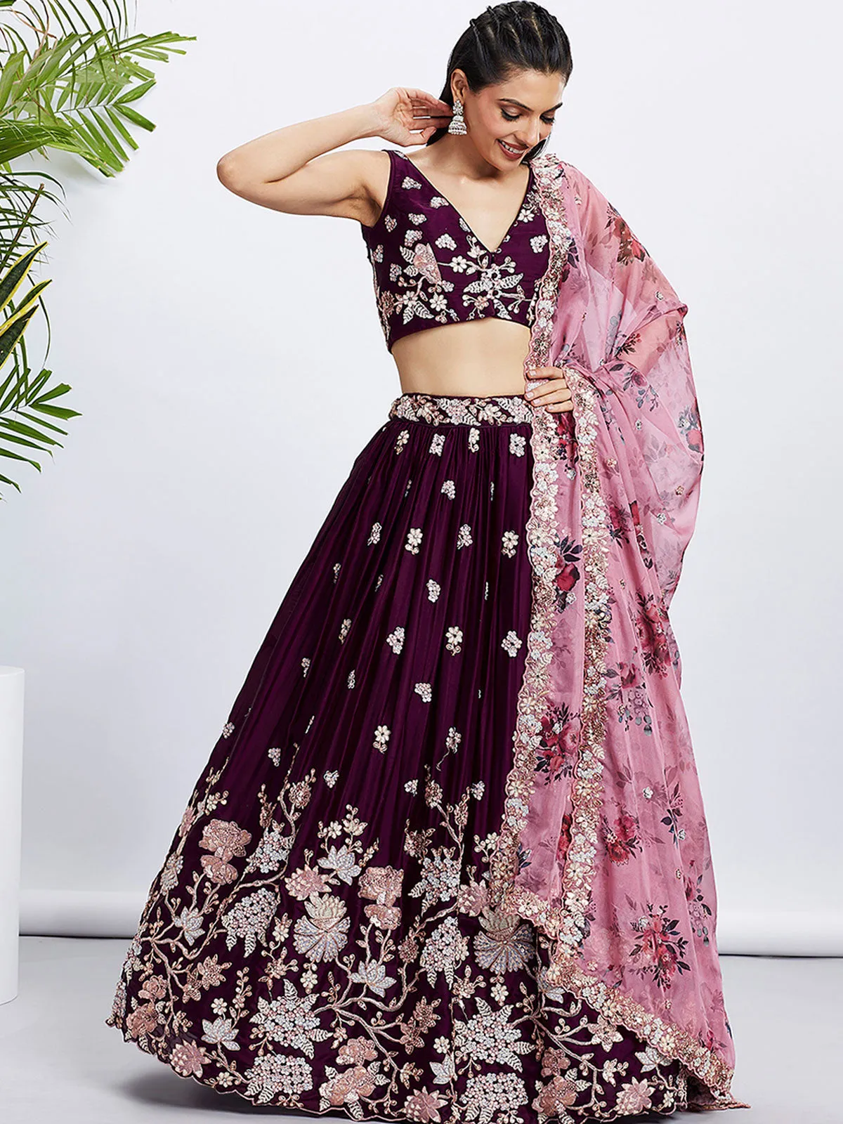 Burgundy Pure Georgette Sequins and thread embroidery Semi-Stitched Lehenga choli and Dupatta