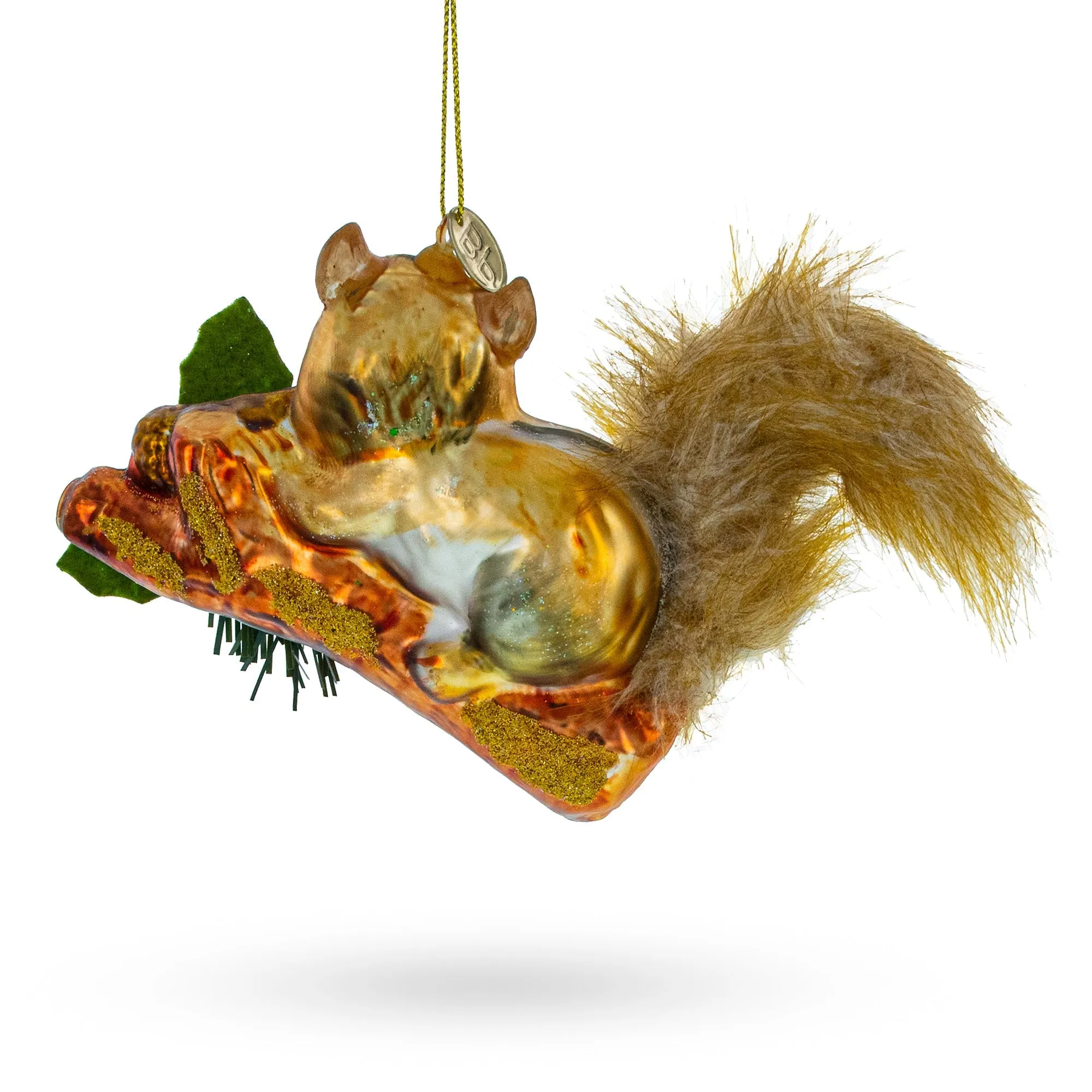 Cheerful Squirrel On A Blossoming Branch - Blown Glass Christmas Ornament