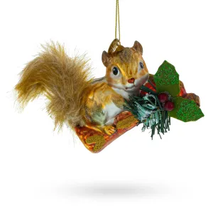 Cheerful Squirrel On A Blossoming Branch - Blown Glass Christmas Ornament