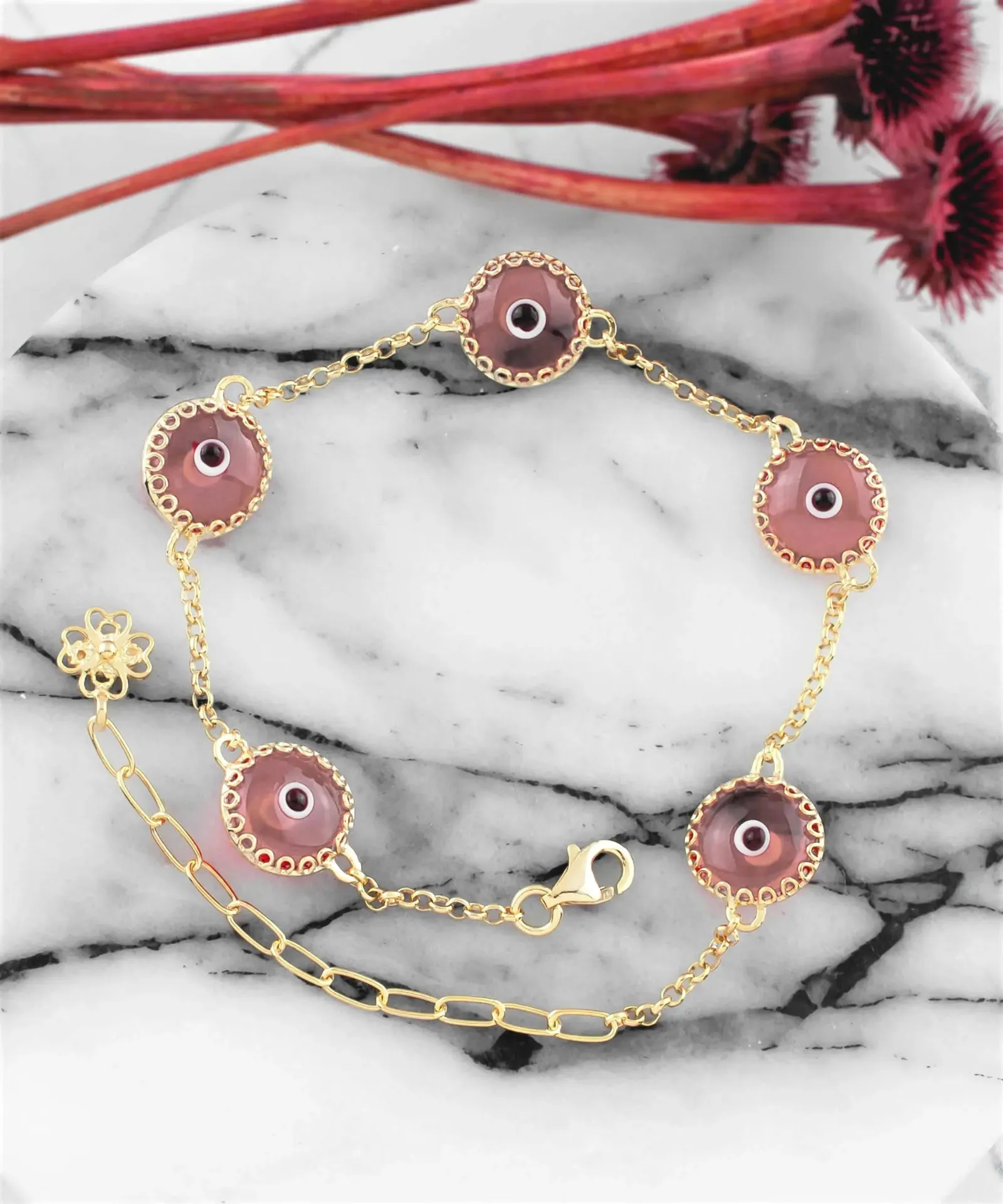 Chic Pink Evil Eye Murano Glass Bracelet - Gold Plated Silver Protection Charm