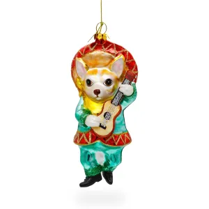 Chihuahua Dog In Sombrero Playing Guitar - Blown Glass Christmas Ornament