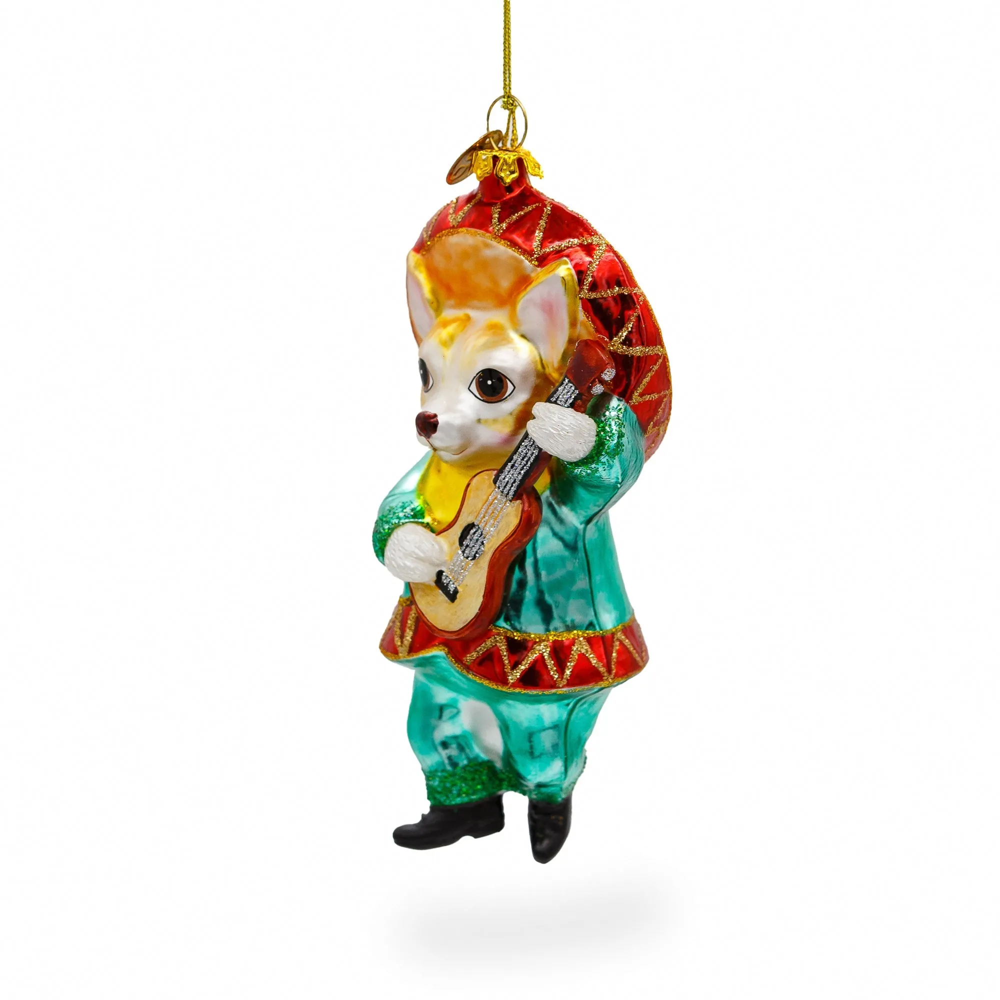 Chihuahua Dog In Sombrero Playing Guitar - Blown Glass Christmas Ornament