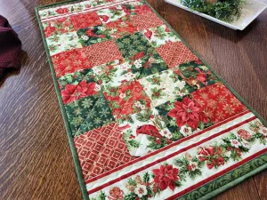 Christmas Cardinal Table Runner Quilt | Holiday Decor with Holly and Poinsettias