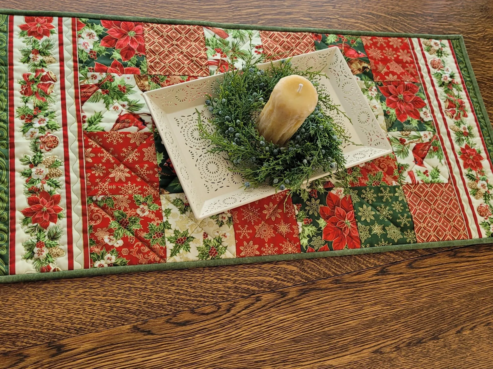 Christmas Cardinal Table Runner Quilt | Holiday Decor with Holly and Poinsettias