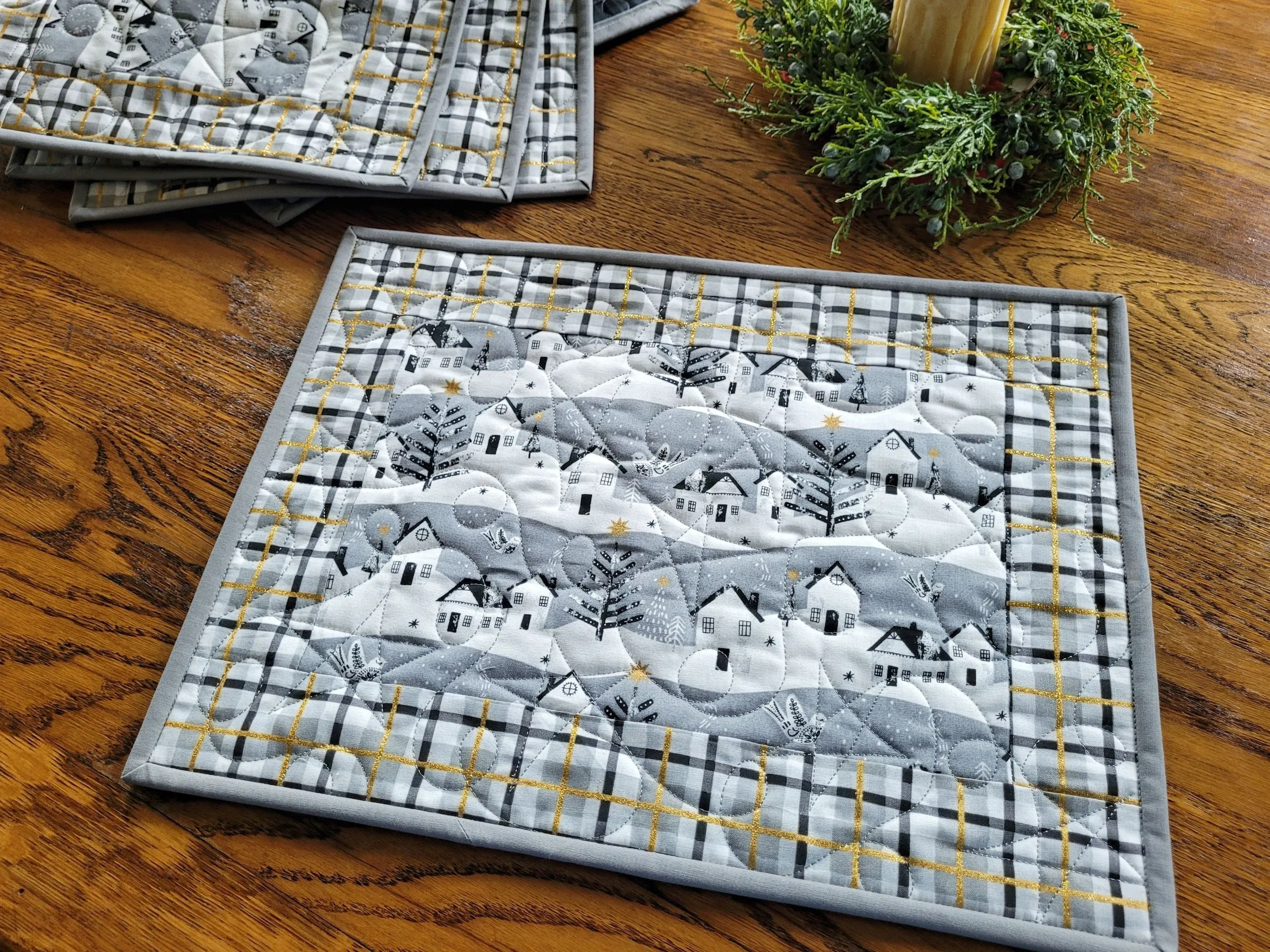 Christmas Placemats | Quilted Plaid Table Mats with Reindeer, Winter Trees and Gold Metallic Accents