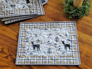 Christmas Placemats | Quilted Plaid Table Mats with Reindeer, Winter Trees and Gold Metallic Accents