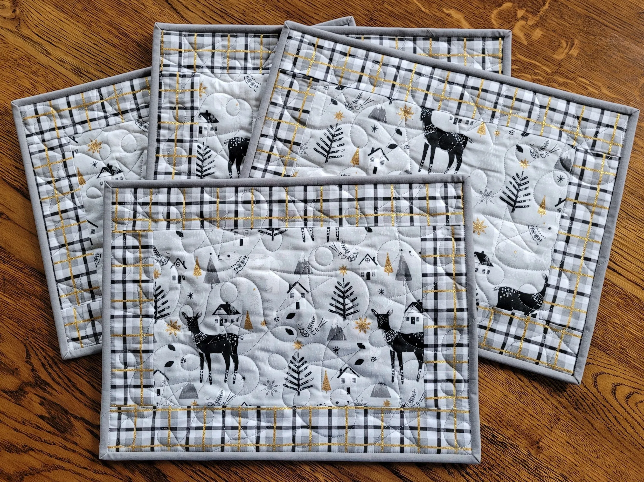 Christmas Placemats | Quilted Plaid Table Mats with Reindeer, Winter Trees and Gold Metallic Accents