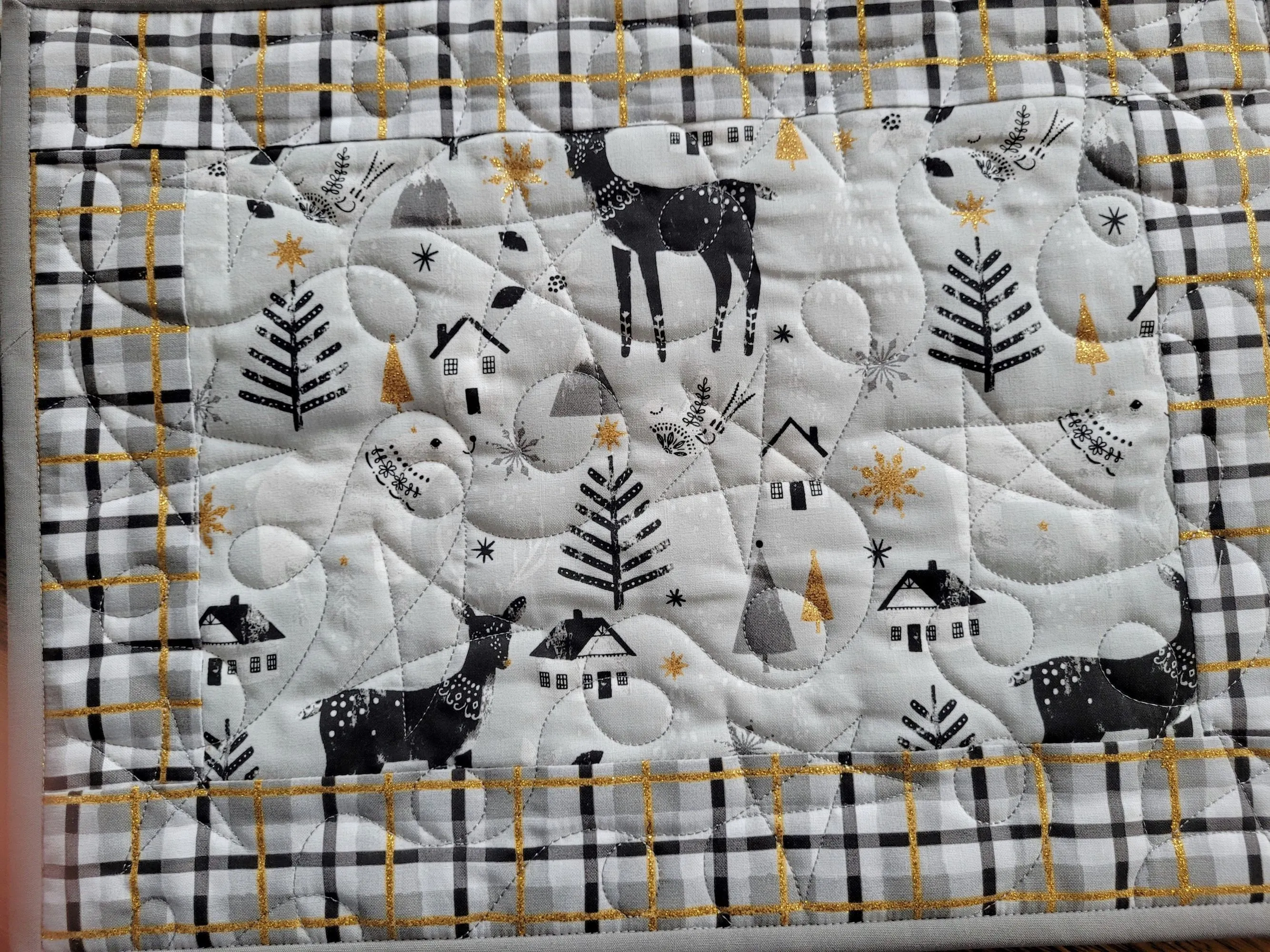 Christmas Placemats | Quilted Plaid Table Mats with Reindeer, Winter Trees and Gold Metallic Accents