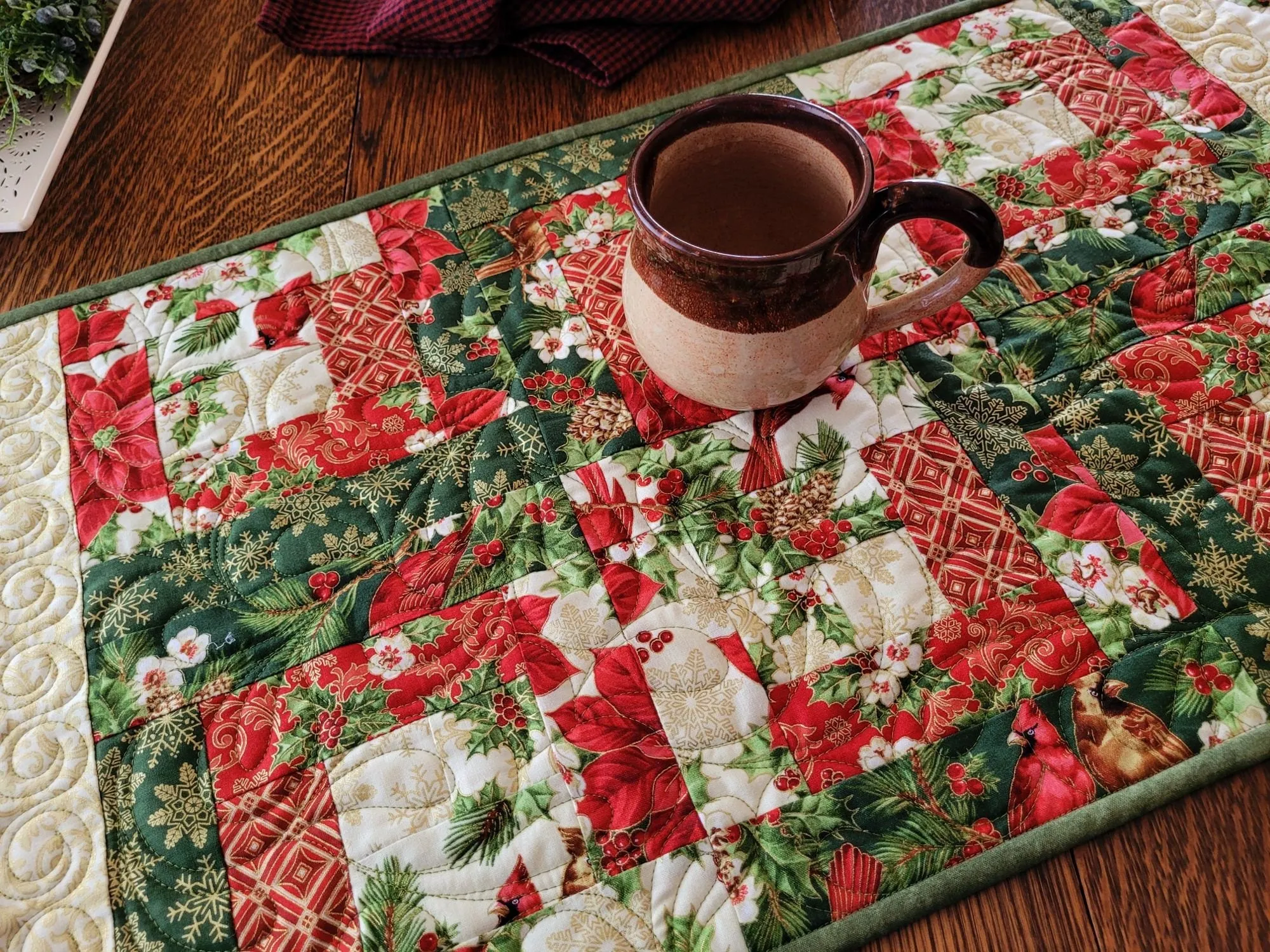 Christmas Poinsettia Table Runner Quilt | Holiday Decor with Holly and Cardinals