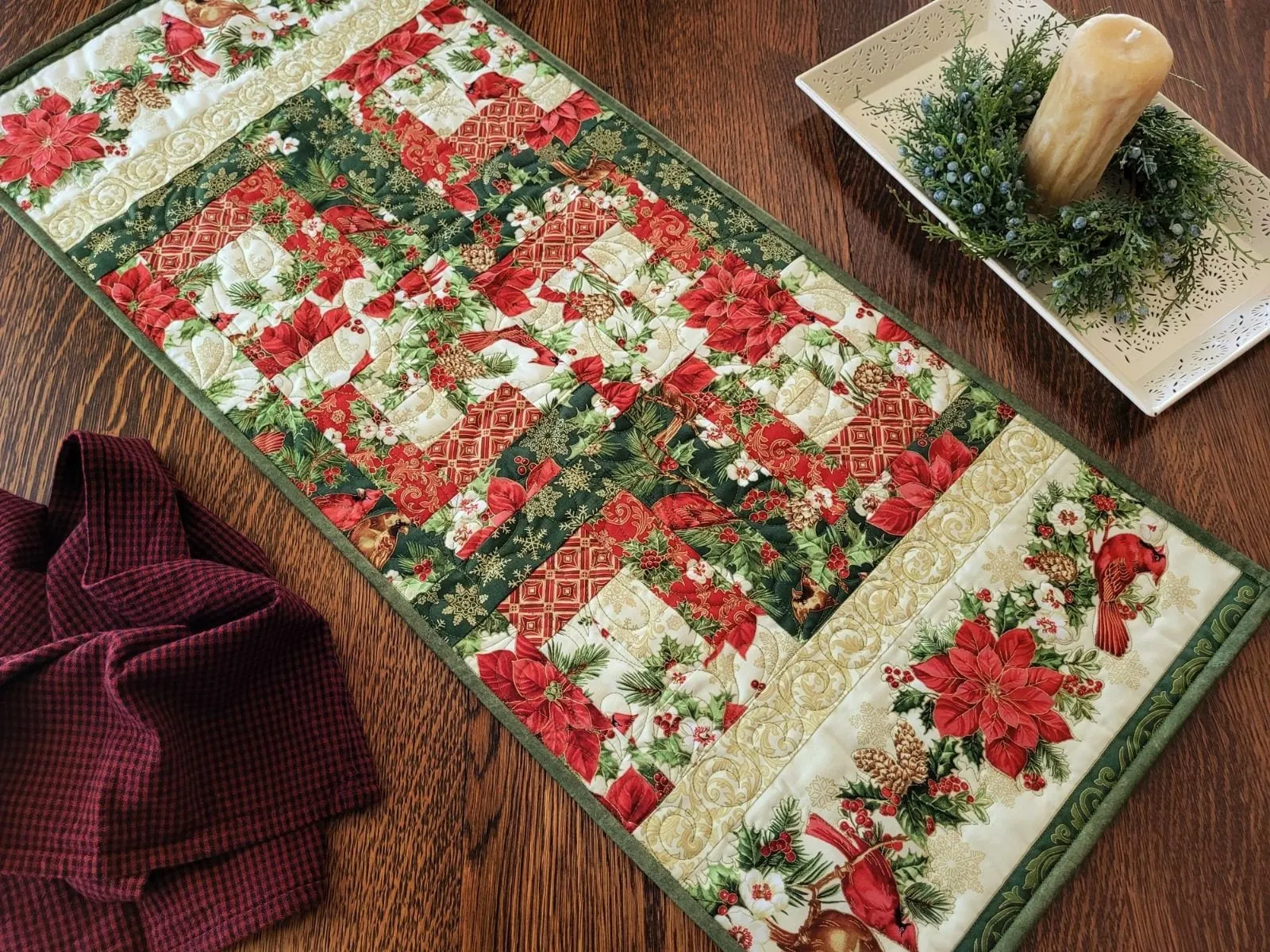 Christmas Poinsettia Table Runner Quilt | Holiday Decor with Holly and Cardinals